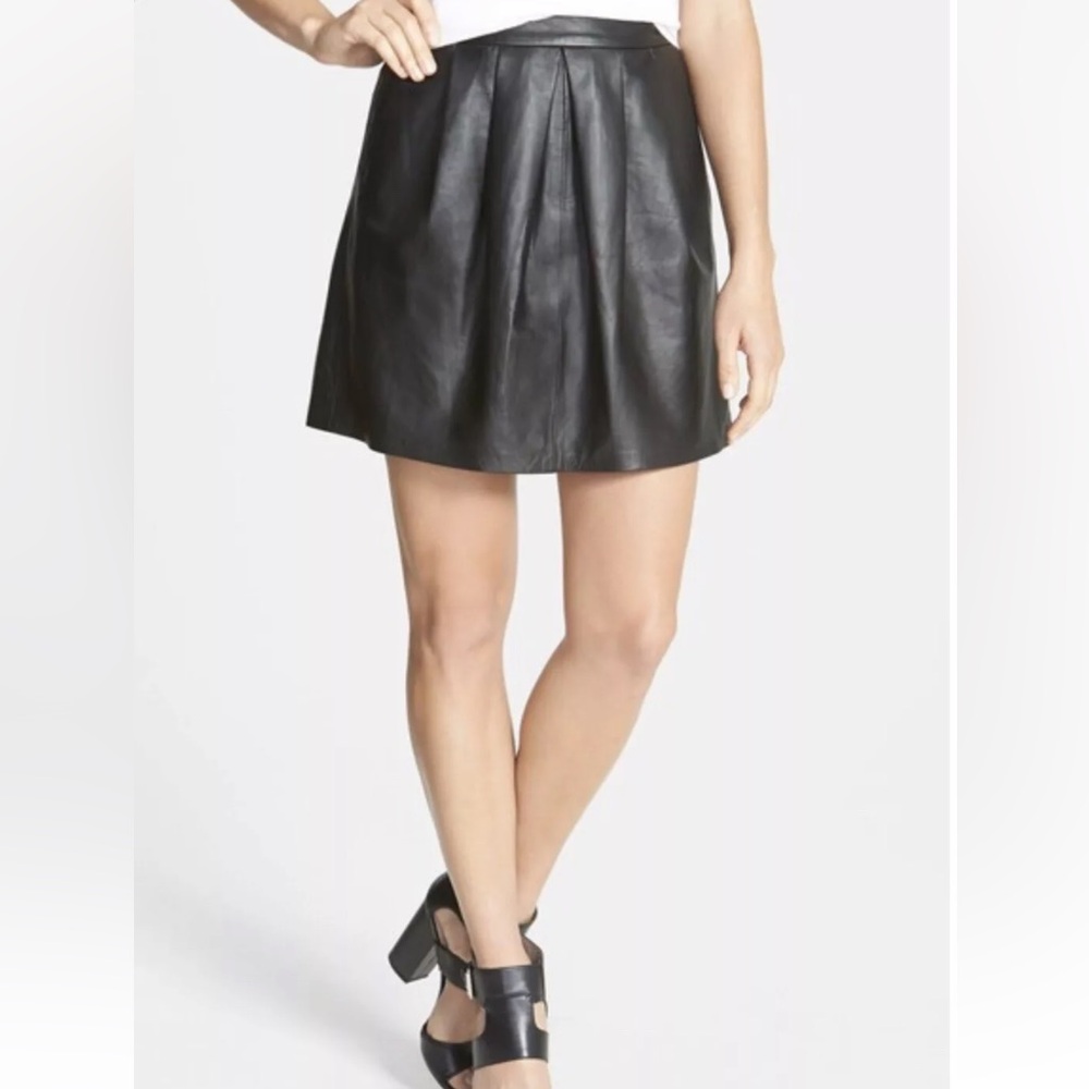 $578 Eileen Fisher The Fisher Project Black Leather Skirt PLEATED Pockets XS